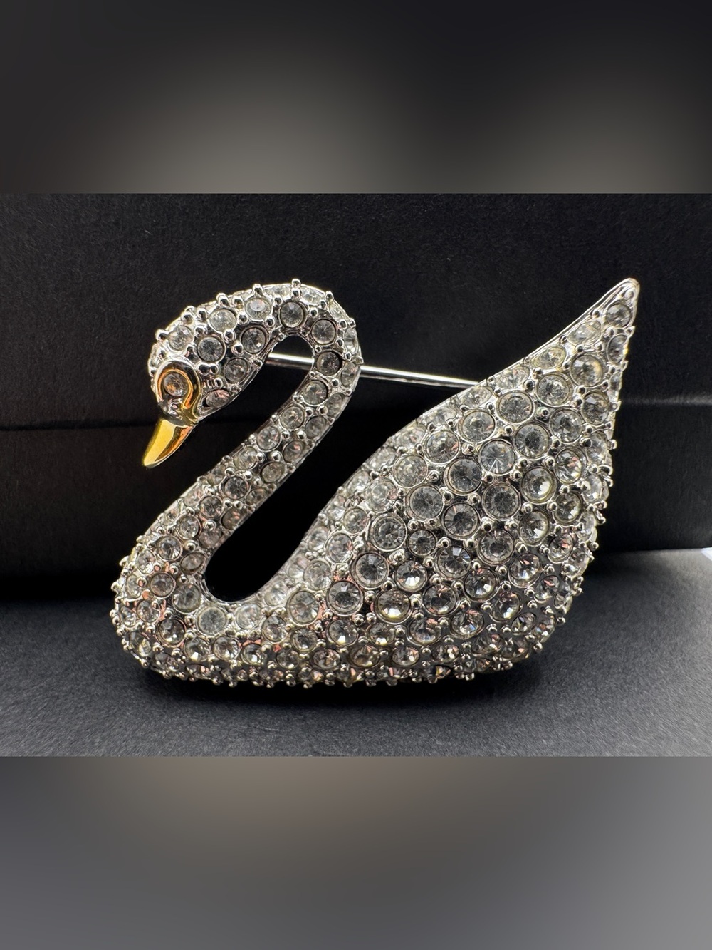 Swarovski Silver-Toned Stamped Clear Pave Crystal Swan Brooch with Gold-tone Bea